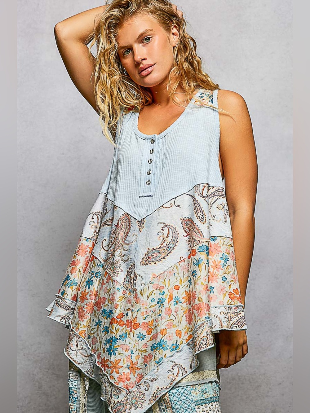 #311 POL Light Blue Floral Paisley Patchwork Tank